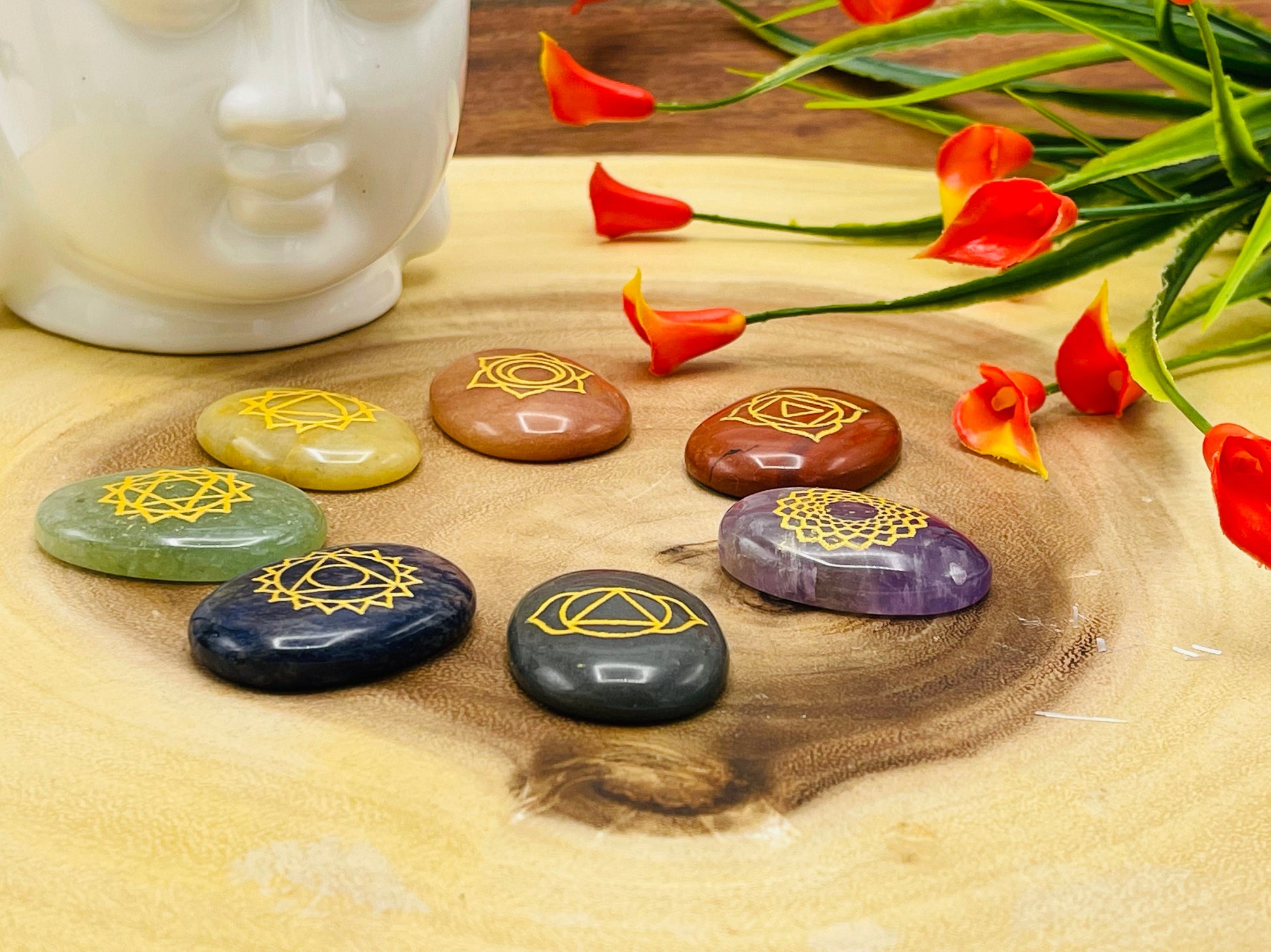7 Chakra Oval Palm Stone Set with Engraved Chakra Symbols